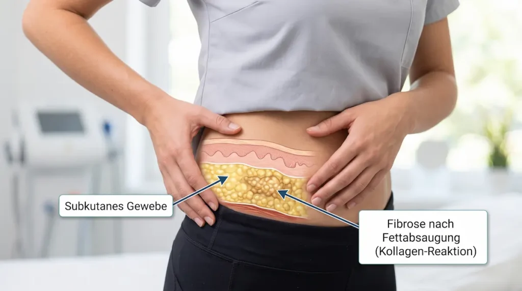 Fibrose nach Fettabsaugung als Kollagen Reaktion im subkutanen Gewebe mit markierten Fettzellen und tastbaren Knubbeln am Bauch.