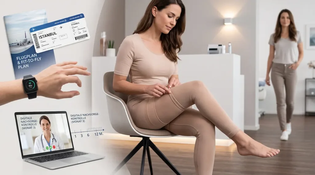 Fettabsaugung Oberschenkel Innen: Patientin trägt Kompressionshose und plant Rückflug sowie digitale Nachsorge