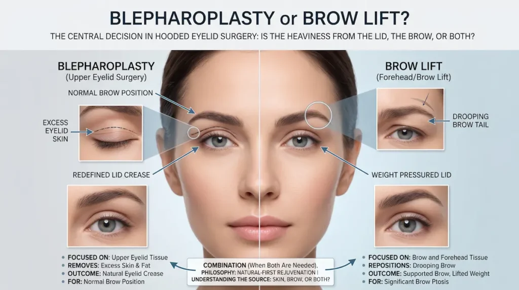 Hooded eyelid surgery comparison showing when blepharoplasty or a lateral brow lift may suit heavy lids.