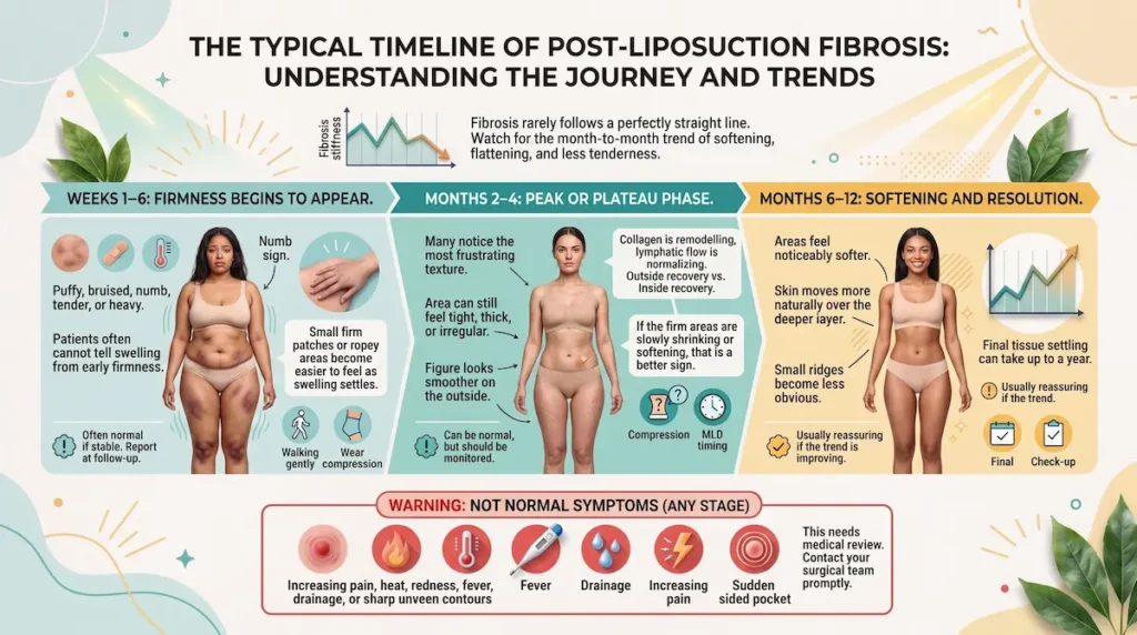 Timeline infographic showing fibrosis after liposuction stages, from early firmness to softening and warning signs.