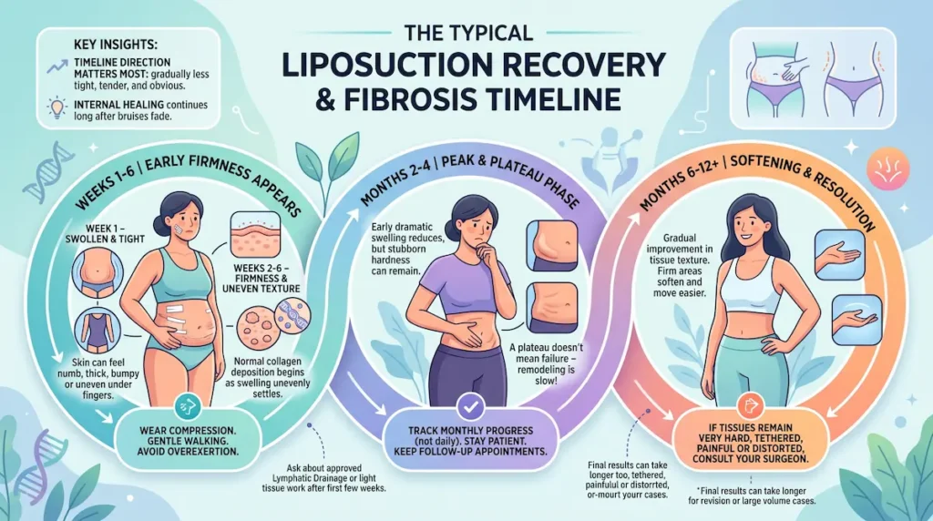 Infographic showing fibrosis after liposuction timeline from early firmness to tissue softening and recovery.