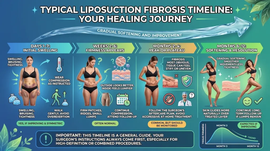 Timeline graphic for fibrosis after liposuction showing swelling, hard lumps, and softening through 12 months.