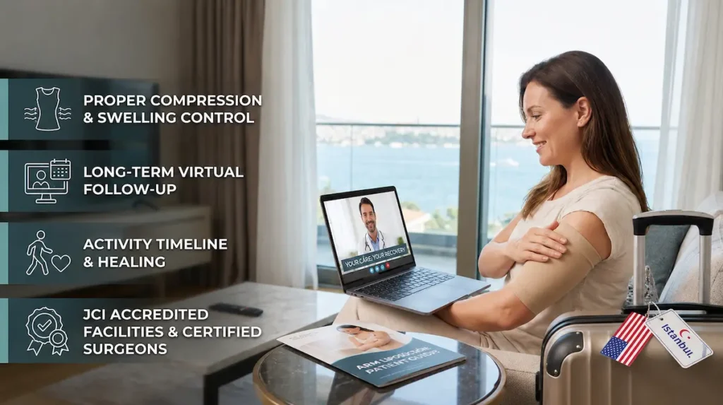 Woman wearing arm compression after surgery with virtual follow-up, showing is arm liposuction worth it recovery support.