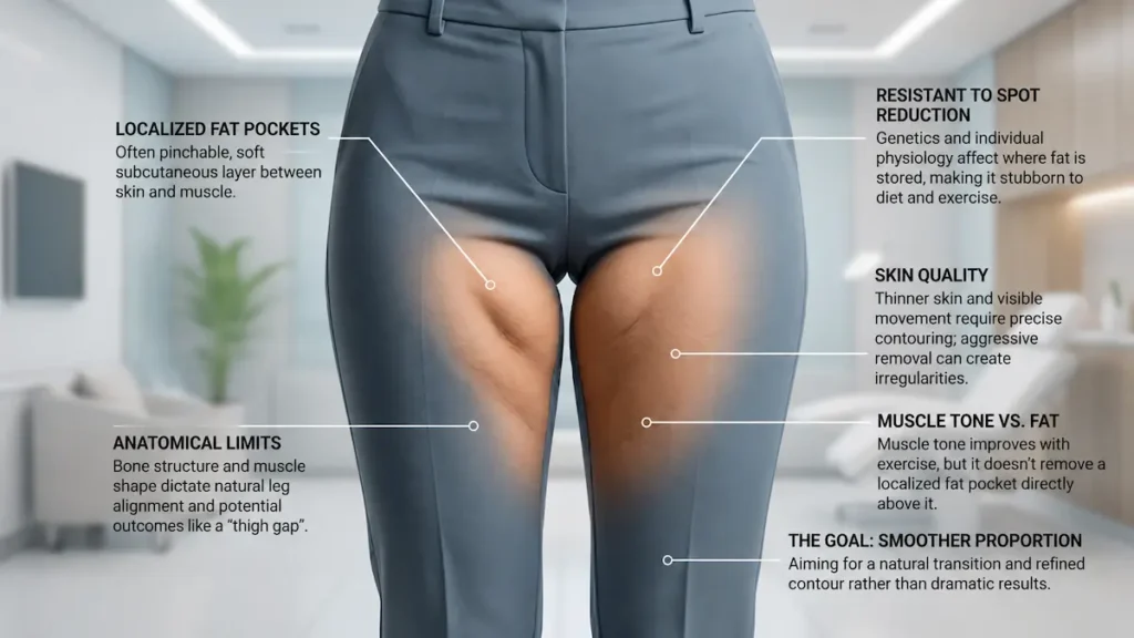 Inner thigh liposuction educational image showing localized fat pockets, skin quality, anatomical limits, and realistic contouring goals.