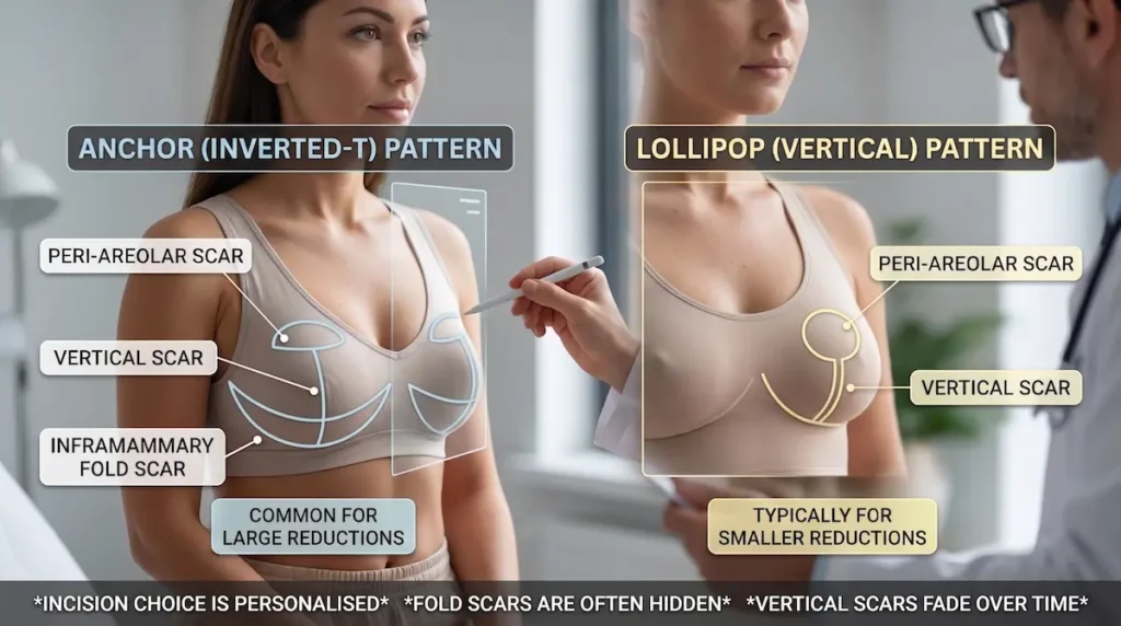 Diagram showing breast reduction scars, including anchor, lollipop, peri areolar, vertical and inframammary fold scar patterns.