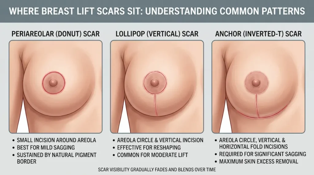 Illustration comparing breast lift scars for periareolar, lollipop, and anchor incision patterns after mastopexy.