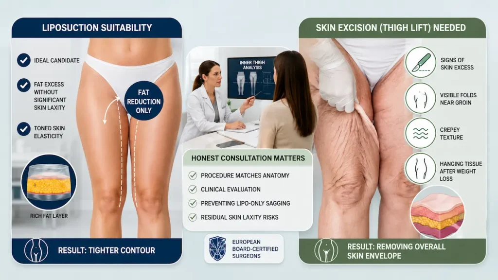 Clinical comparison for inner thigh liposuction showing when fat reduction is suitable and when thigh lift assessment is needed.
