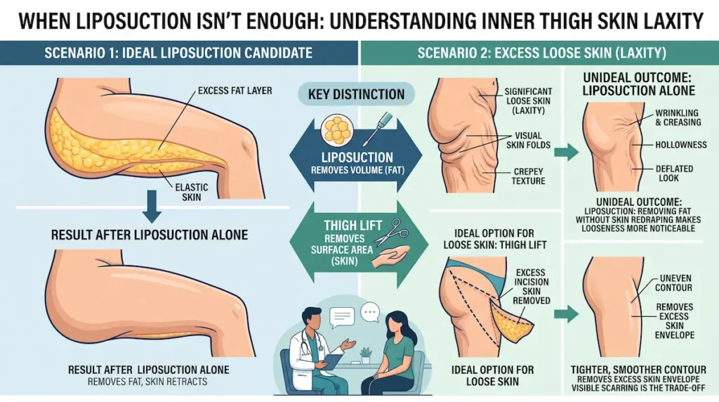 Inner thigh liposuction infographic comparing elastic skin, loose skin, liposuction limits, and thigh lift options.