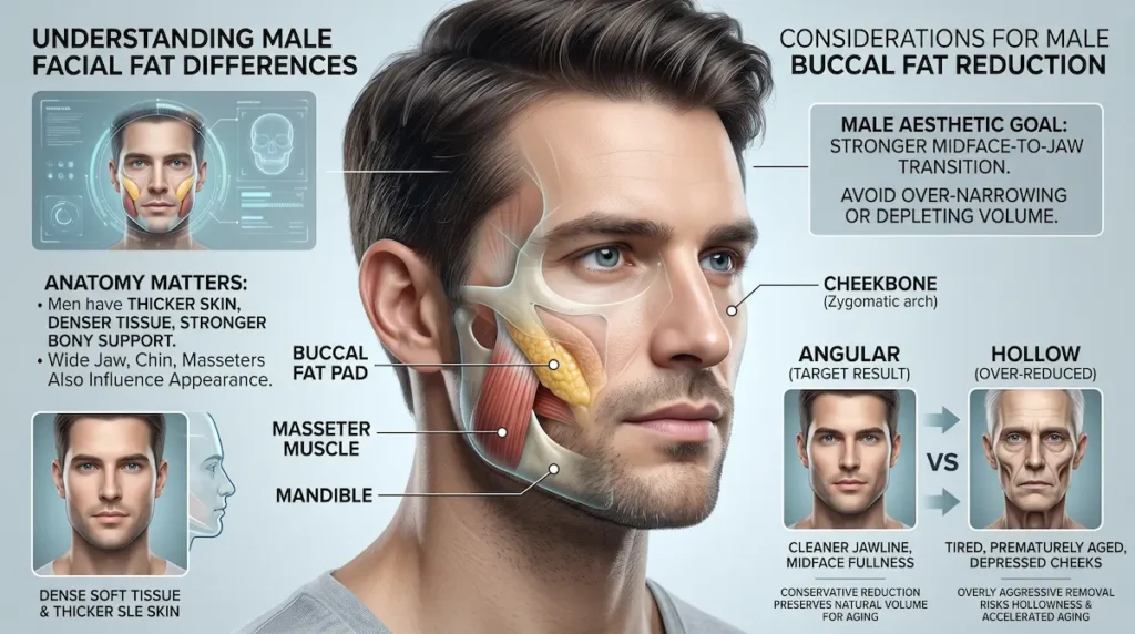 Buccal fat removal for men diagram showing buccal fat pad, masseter muscle, mandible and male facial fat differences.