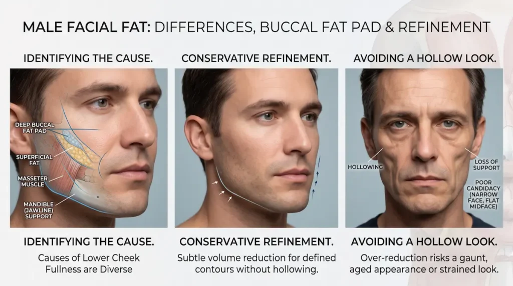 Diagram for buccal fat removal for men showing the buccal fat pad, facial fat layers and hollowing risk.