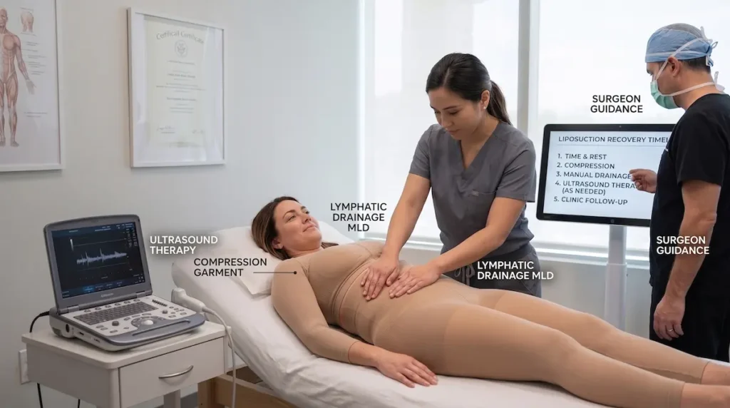 Patient receiving manual lymphatic drainage after lipo for fibrosis after liposuction with compression garment and surgeon guidance.