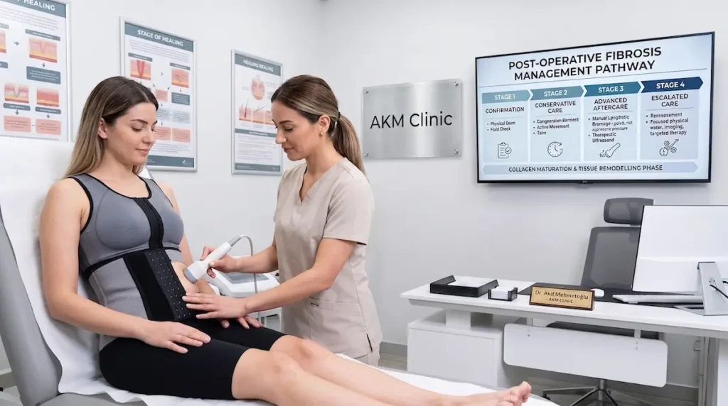 Clinician providing aftercare for fibrosis after liposuction with manual lymphatic drainage and compression support.