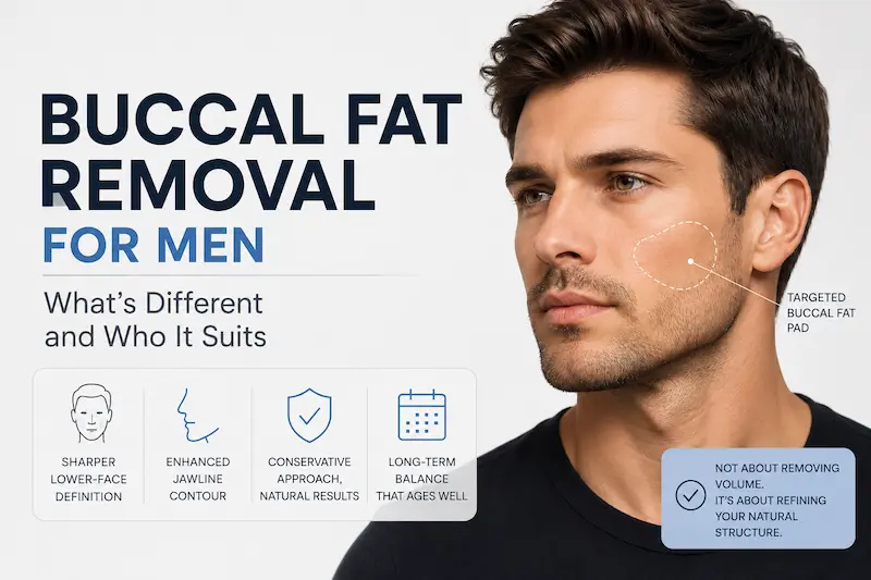 Buccal fat removal for men cover image showing a male face with the buccal fat pad marked, highlighting conservative cheek refinement and jawline balance.