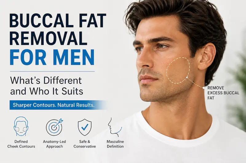 Buccal fat removal for men cover showing male cheek contour markings and natural result callouts.