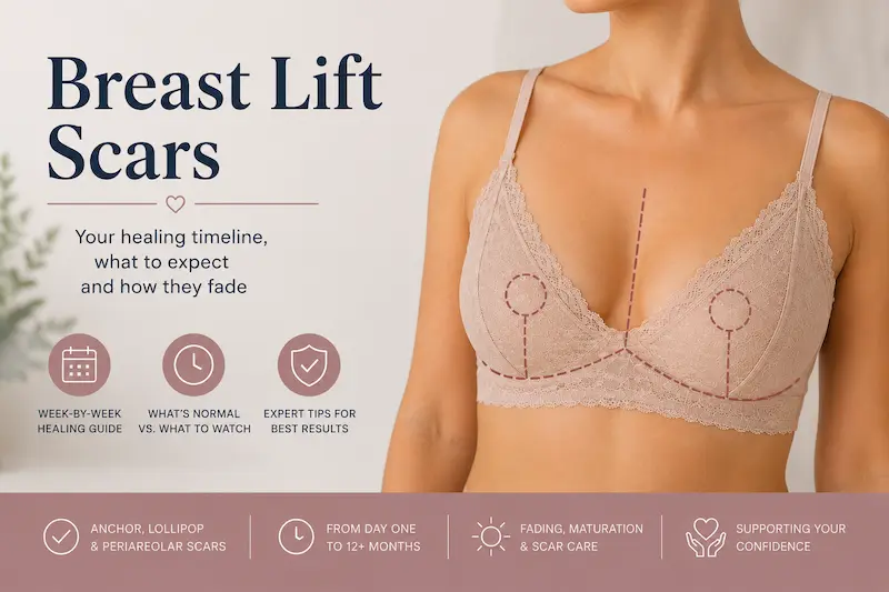 Breast lift scars guide showing a bralette with illustrated scar patterns and a healing timeline for one year after mastopexy.