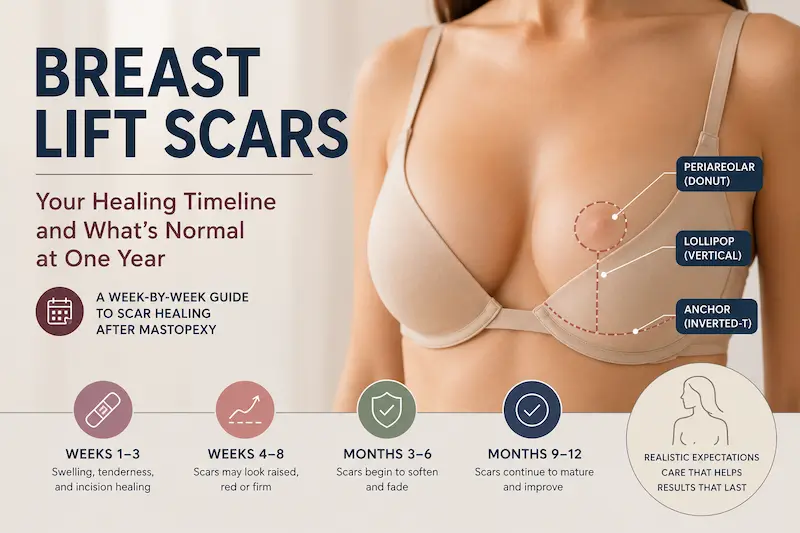 Infographic showing breast lift scars, incision types, and healing stages from weeks 1–3 through one year after mastopexy.