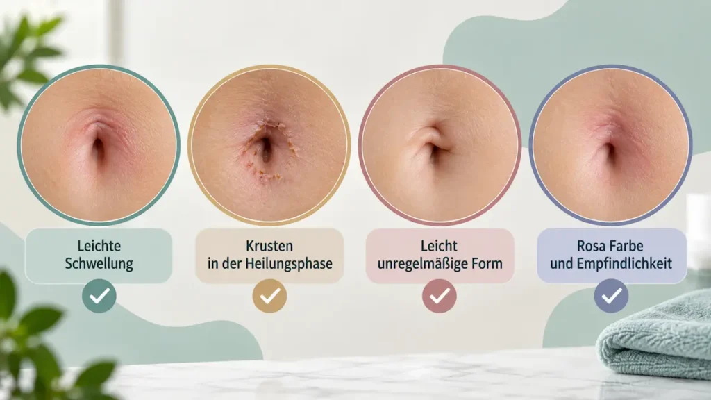Infografik zu normalen Veränderungen am Bauchnabel nach Bauchdeckenstraffung: Schwellung, Krusten, Form und Rötung.