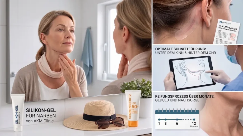 Halsstraffung Narben bei der Pflege mit Silikon Gel, Sonnenschutz und Nachsorge im monatlichen Heilungsverlauf.