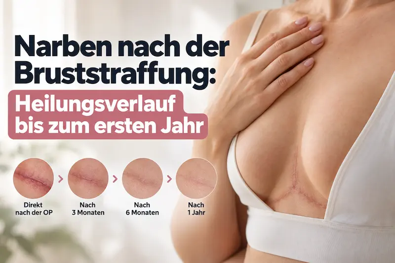 Infografik zu Narben nach Bruststraffung mit Heilungsverlauf bis 1 Jahr, Narbe am Dekolleté und Zeitlinie der Heilung