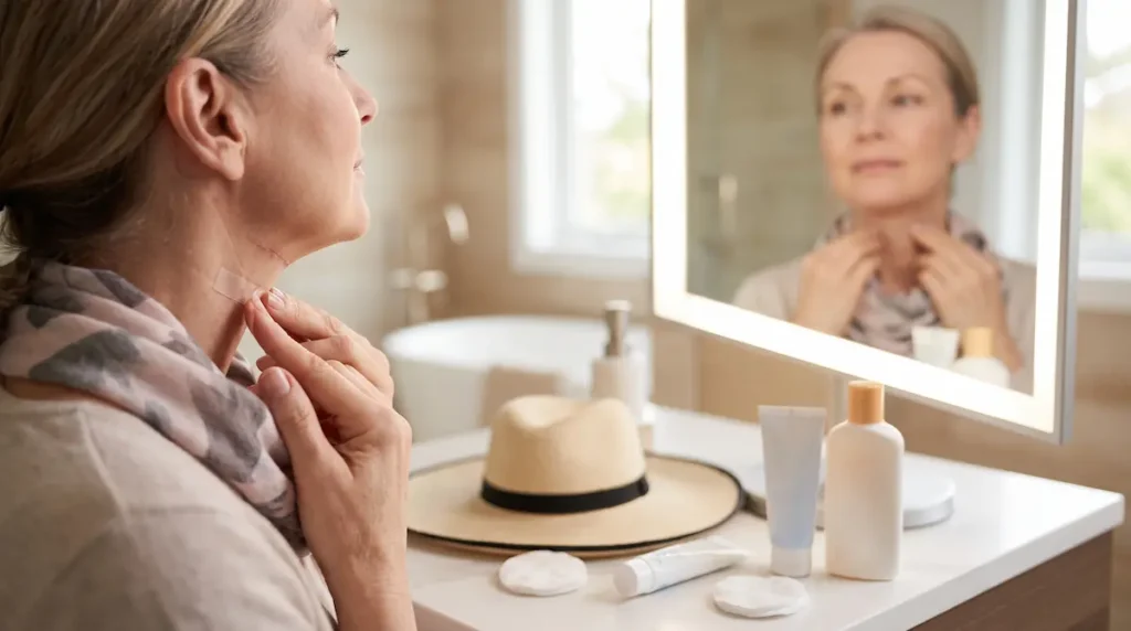 Woman caring for neck lift scars with dressing and skincare during the scar healing process.