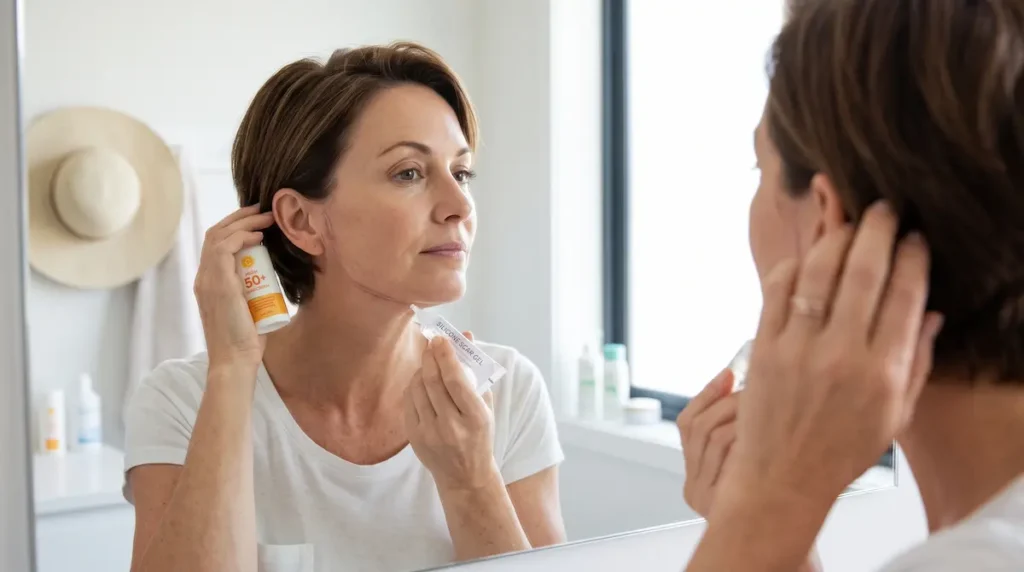 Woman applying silicone gel and SPF as part of neck lift scars aftercare during healing at home.