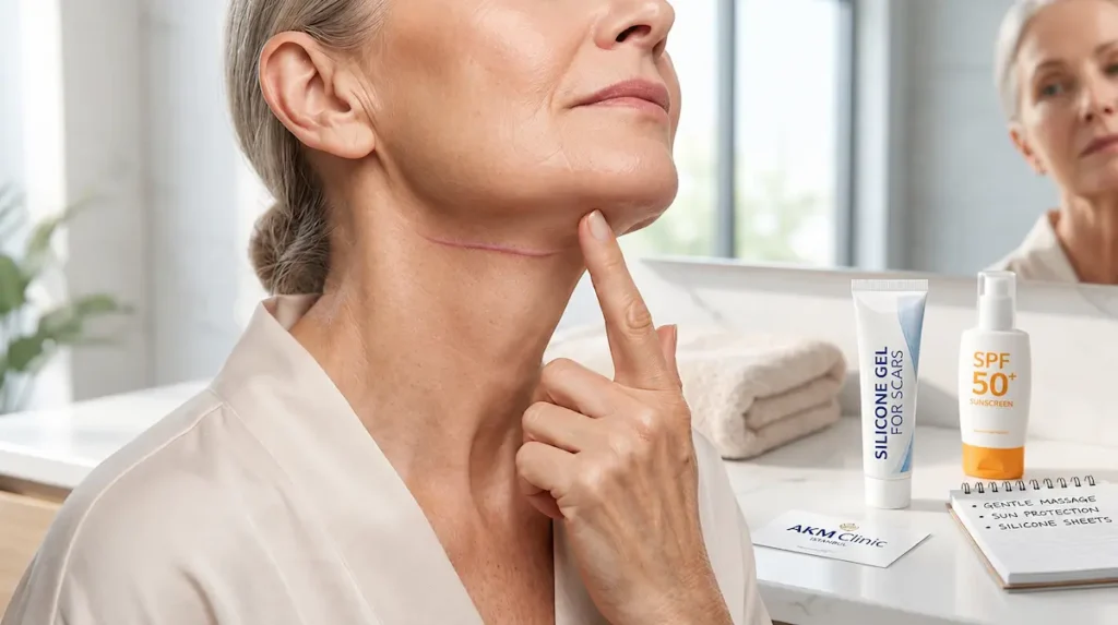 Neck lift scars care image showing a woman checking her healing under-chin scar with silicone gel and SPF.