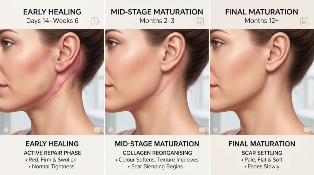 Three stage visual showing neck lift scars healing from early redness to final scar maturation after 12 months.