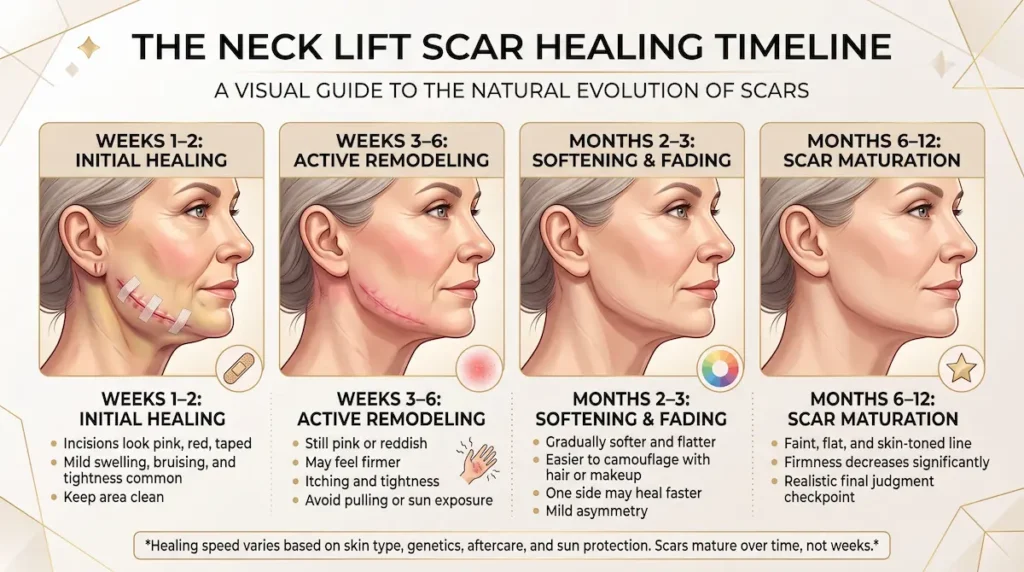 Neck lift scars healing timeline showing weeks 1–2, weeks 3–6, months 2–3, and months 6–12 scar maturation stages.
