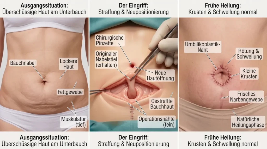 Infografik zeigt, wie der Bauchnabel nach Bauchdeckenstraffung neu positioniert und vernäht wird.
