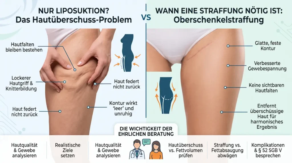 Fettabsaugung Oberschenkel Innen Grafik zeigt, wann Liposuktion bei Hautüberschuss nicht reicht und eine Oberschenkelstraffung geprüft werden sollte