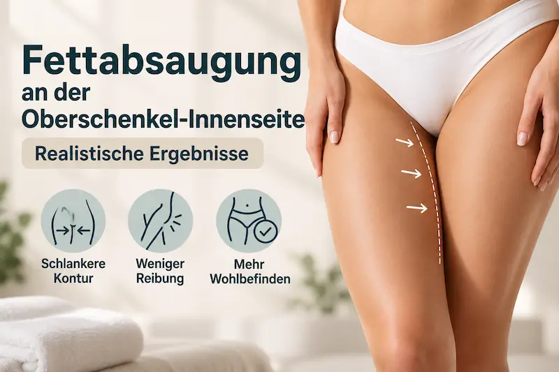 Fettabsaugung Oberschenkel Innen Coverbild mit weiblichen Oberschenkeln, Konturmarkierung und Hinweisen zu realistischen Ergebnissen