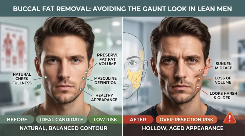 Buccal fat removal for men infographic showing over resection risk, preserved cheek volume, and hollow aging effects in lean male faces.