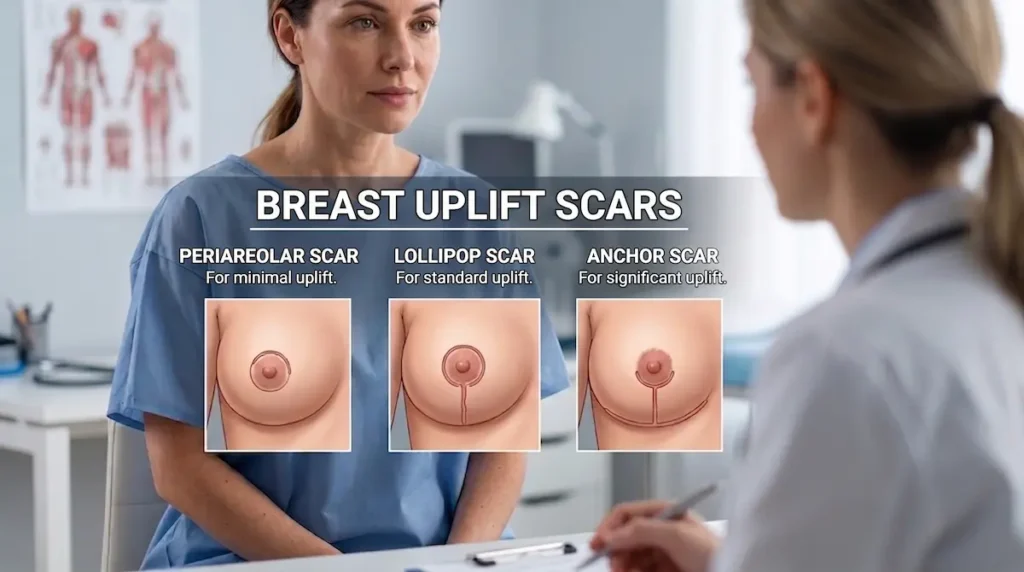 Breast lift scars consultation image showing periareolar, lollipop and anchor scar placement diagrams with a surgeon.