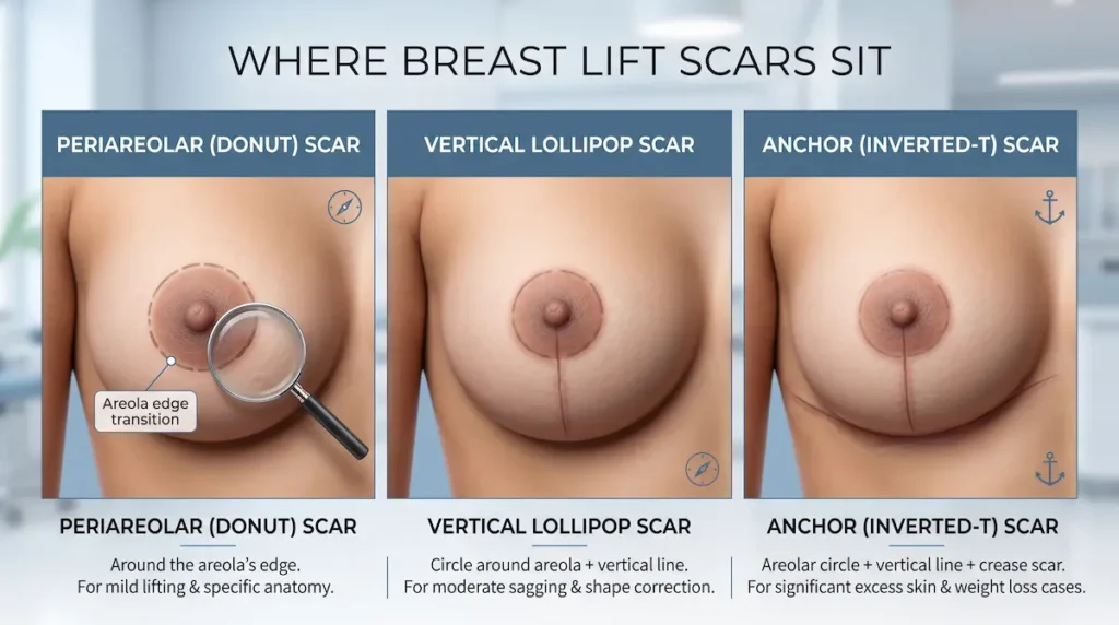 Breast lift scars diagram showing periareolar, vertical lollipop, and anchor incision placements on the breast.