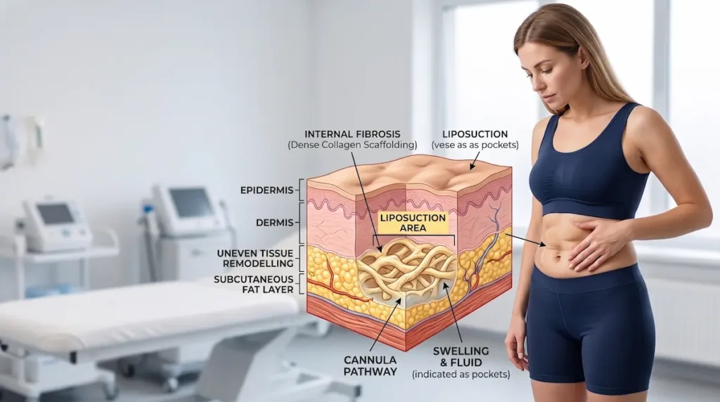 Medical diagram showing fibrosis after liposuction, with collagen remodelling, swelling and treated fat layers.