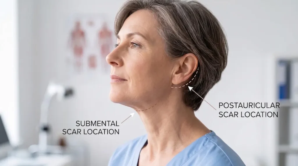 Woman in profile showing submental and postauricular markings for neck lift scars in a clinical setting.