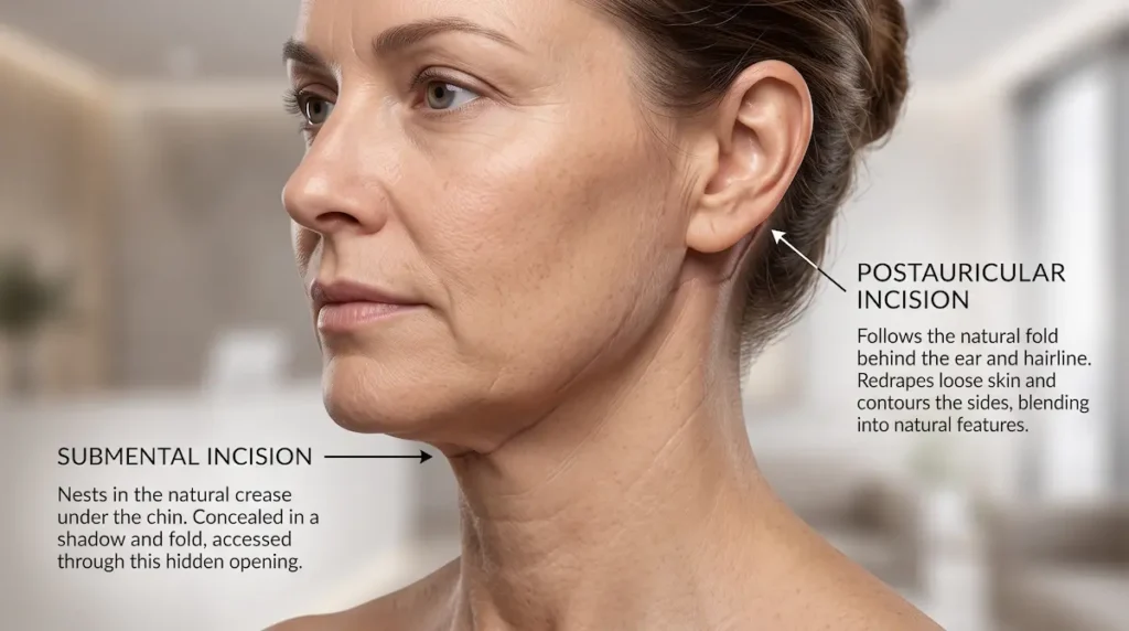 Neck lift scars diagram showing submental and postauricular incision placement under the chin and behind the ear.