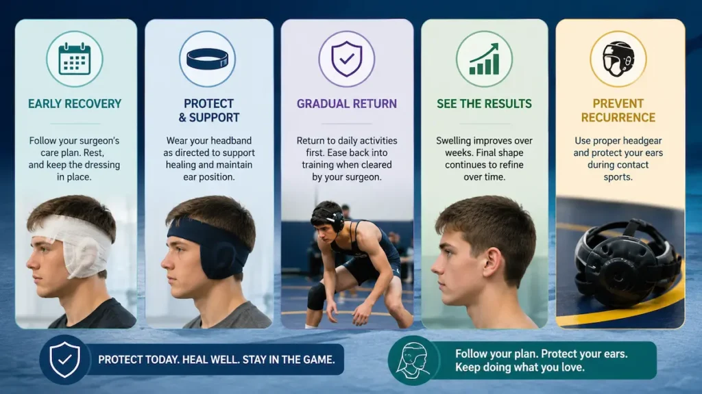 Infographic for cauliflower ear surgery recovery showing headband support, gradual return to sport and recurrence prevention.