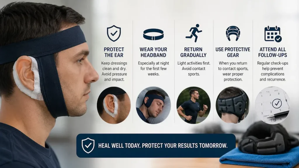 Cauliflower ear surgery recovery image showing ear dressing care, headband support, protective headgear and follow ups.