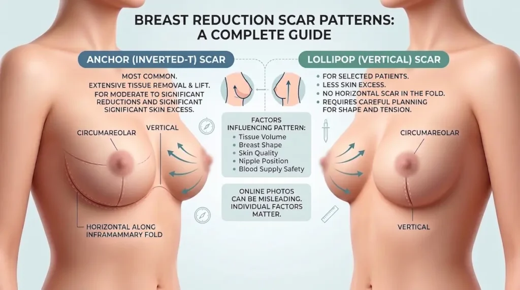 Breast reduction scars diagram comparing anchor, inverted T, and lollipop incision patterns around the areola and breast fold.