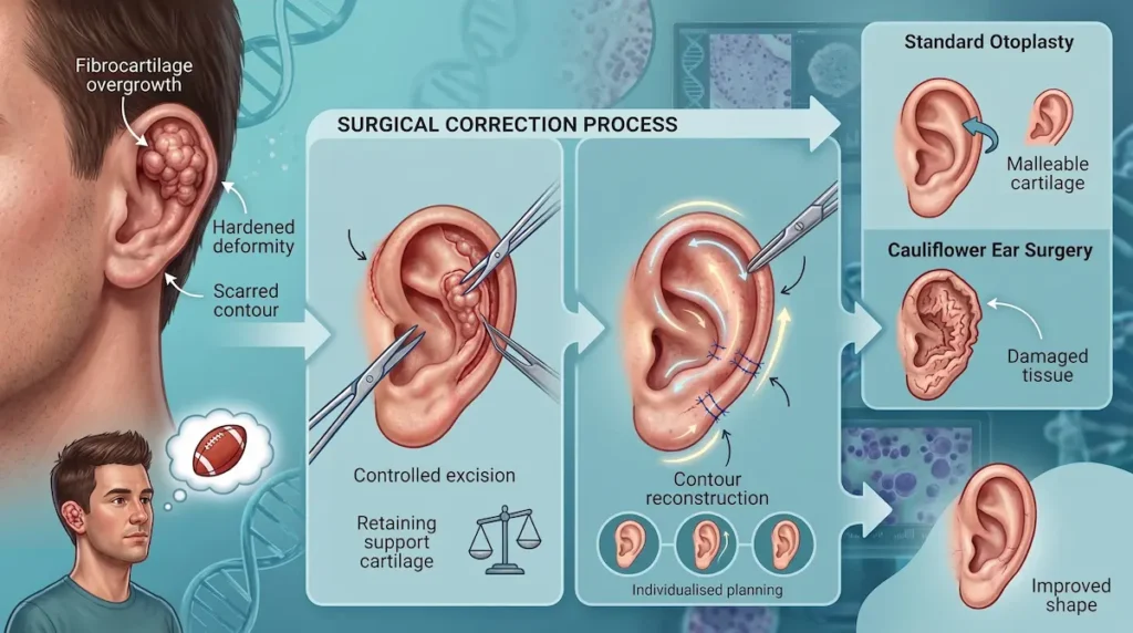 Cauliflower ear surgery diagram showing controlled excision, contour reconstruction and improved ear shape after wrestler’s ear.