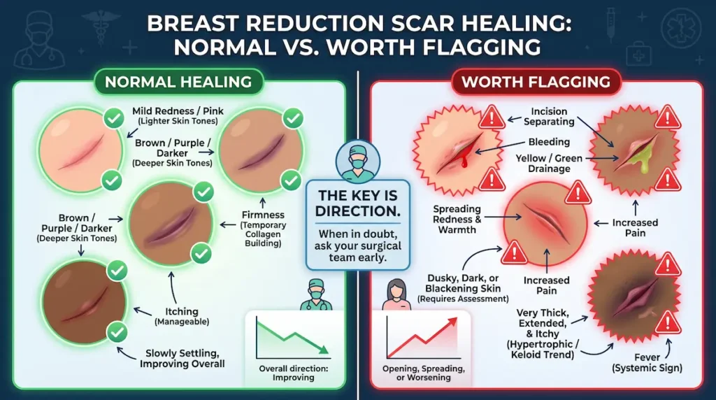 Breast reduction scars infographic showing normal colour changes, itching, firmness, drainage, pain, and warning signs.