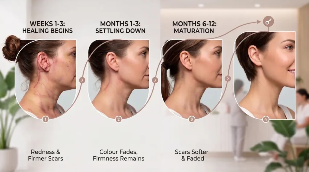 Neck lift scars healing timeline showing redness, colour fading, firmness, and scar maturation from weeks 1–3 to months 6–12.