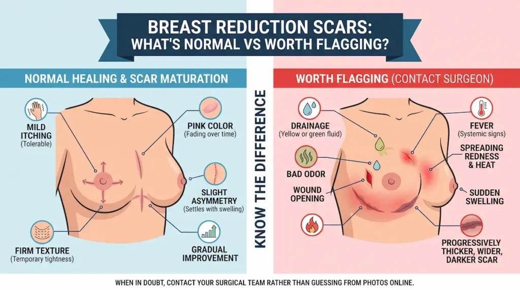 Infographic comparing normal breast reduction scars with warning signs like drainage, fever, heat, and wound opening.