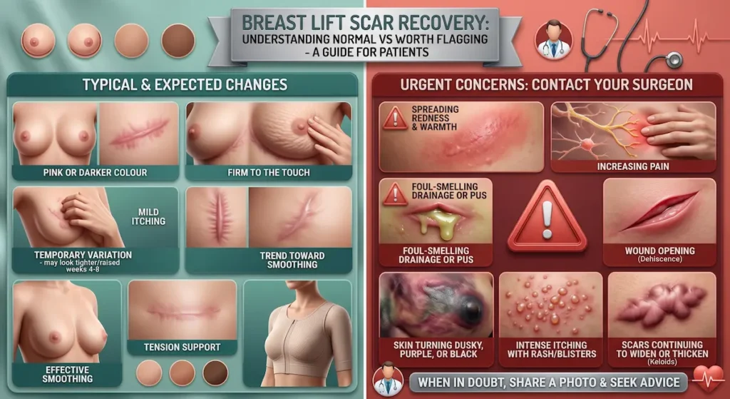 Breast lift scars infographic comparing normal scar colour, firmness, itching, and warning signs after mastopexy.