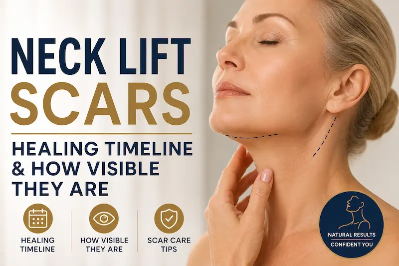 Mature woman showing discreet incision markings for neck lift scars with bold UK English cover text about healing timeline and scar visibility.