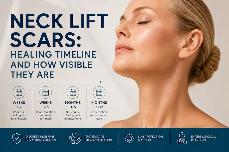 Neck lift scars healing timeline infographic showing discreet under-chin and behind-ear incision areas on a woman’s neck.