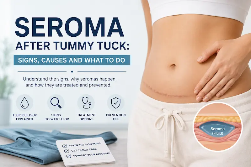Medical cover image explaining seroma after tummy tuck signs, fluid buildup, treatment options, and prevention tips.