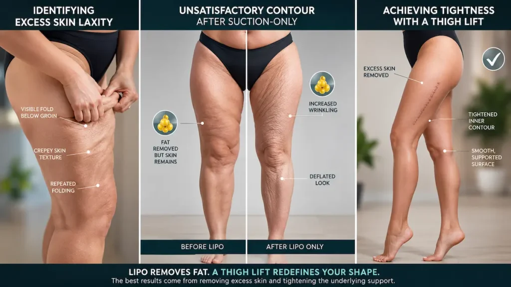 Inner thigh liposuction infographic comparing excess skin laxity, suction-only contour limits, and thigh lift support.