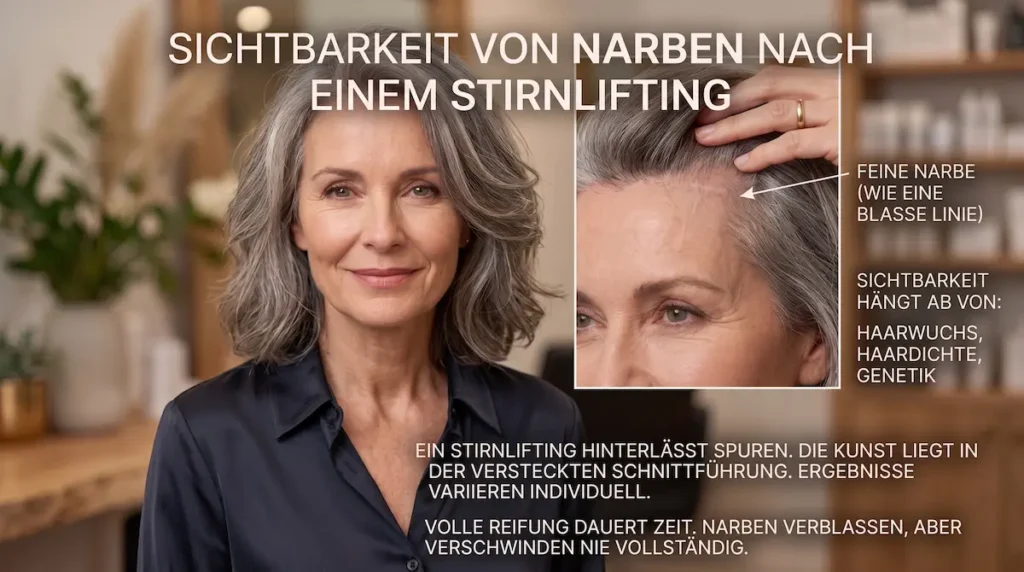 Narben nach Stirnlifting: Frau mit Detailansicht einer feinen Narbe am Haaransatz und Hinweisen zur Sichtbarkeit.